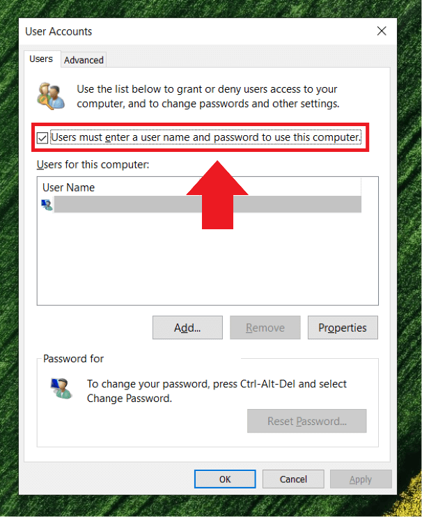 Bỏ chọn hộp để tắt lời nhắc mật khẩu trong Windows 10.